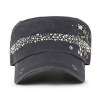 Vintage Distressed Star Spangle Cotton Army Hat Rhinestone Cadet Cap