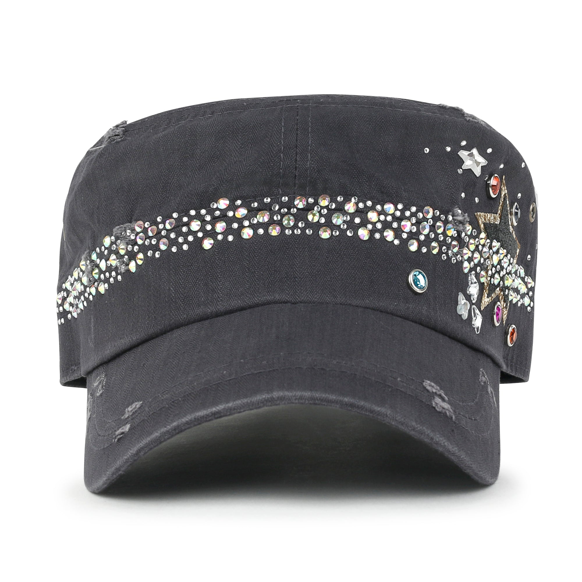 Vintage Distressed Star Spangle Cotton Army Hat Rhinestone Cadet Cap