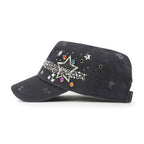 Vintage Distressed Star Spangle Cotton Army Hat Rhinestone Cadet Cap