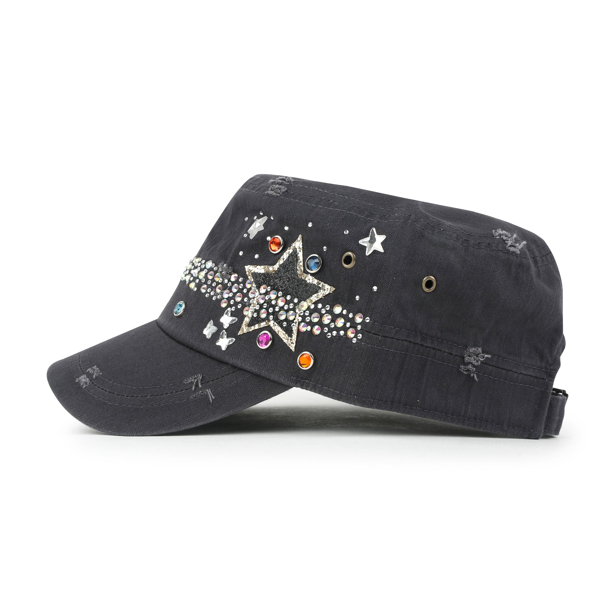 Vintage Distressed Star Spangle Cotton Army Hat Rhinestone Cadet Cap