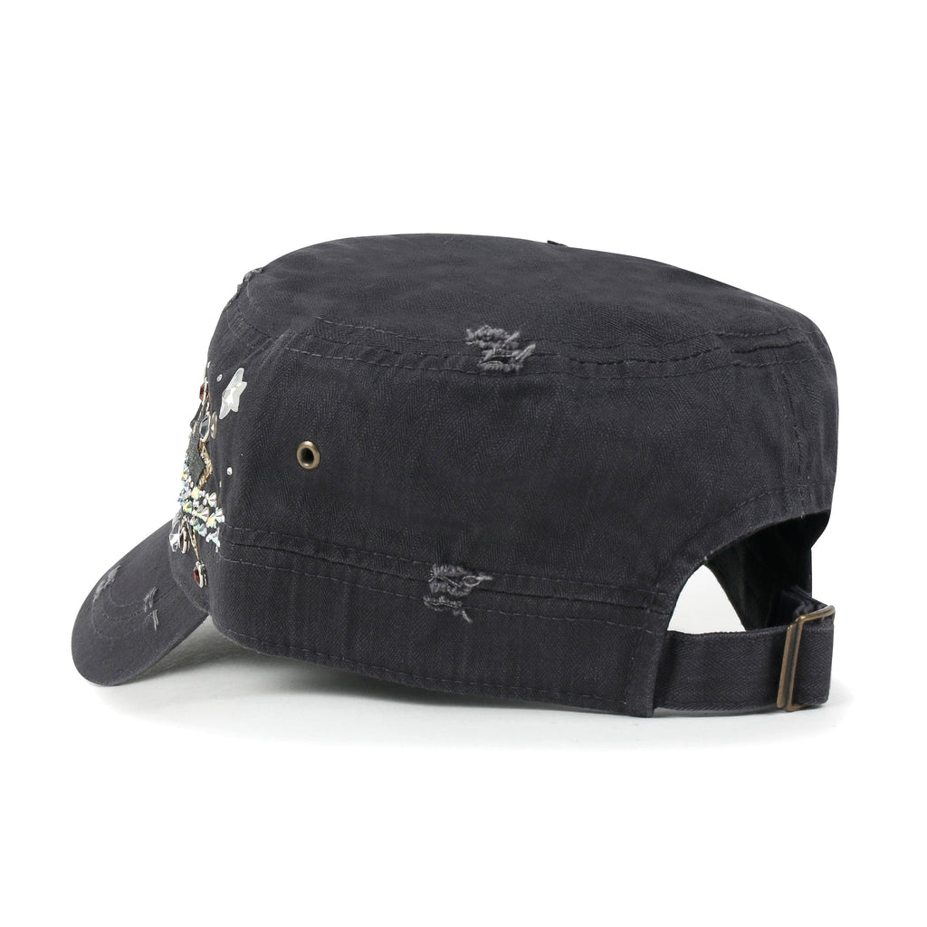 Vintage Distressed Star Spangle Cotton Army Hat Rhinestone Cadet Cap