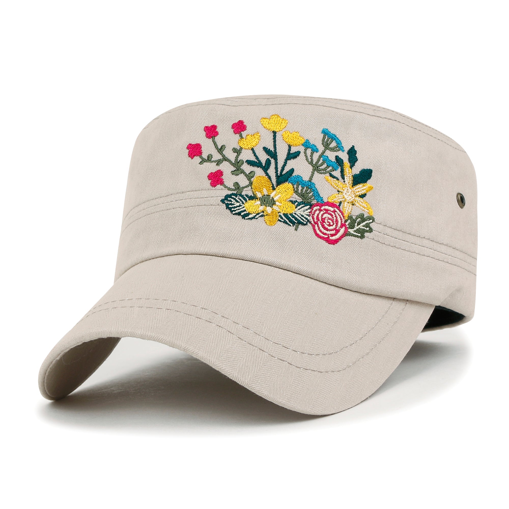 Flower Embroidery Cotton Military Army Hat Women Casual Cadet Cap