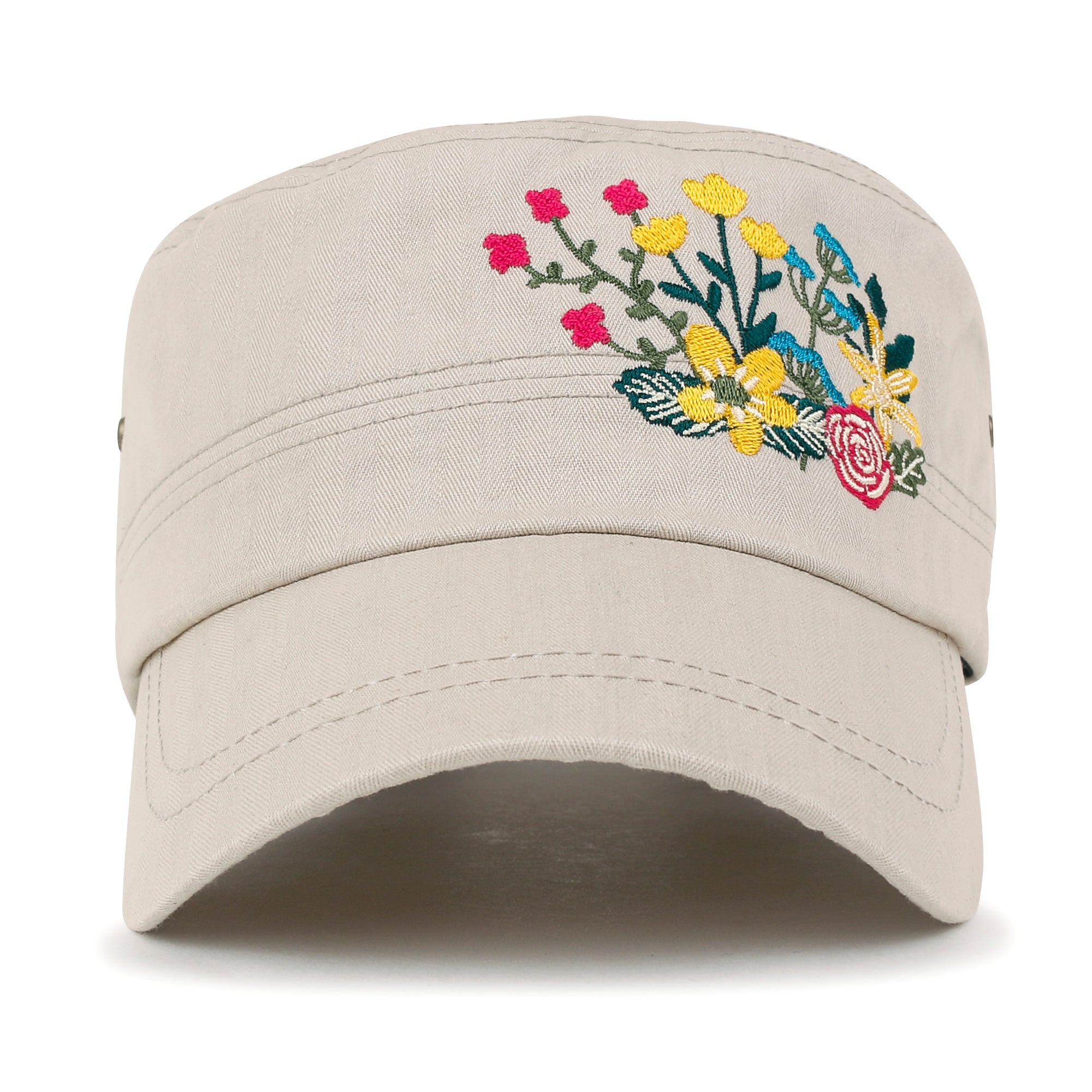 Flower Embroidery Cotton Military Army Hat Women Casual Cadet Cap