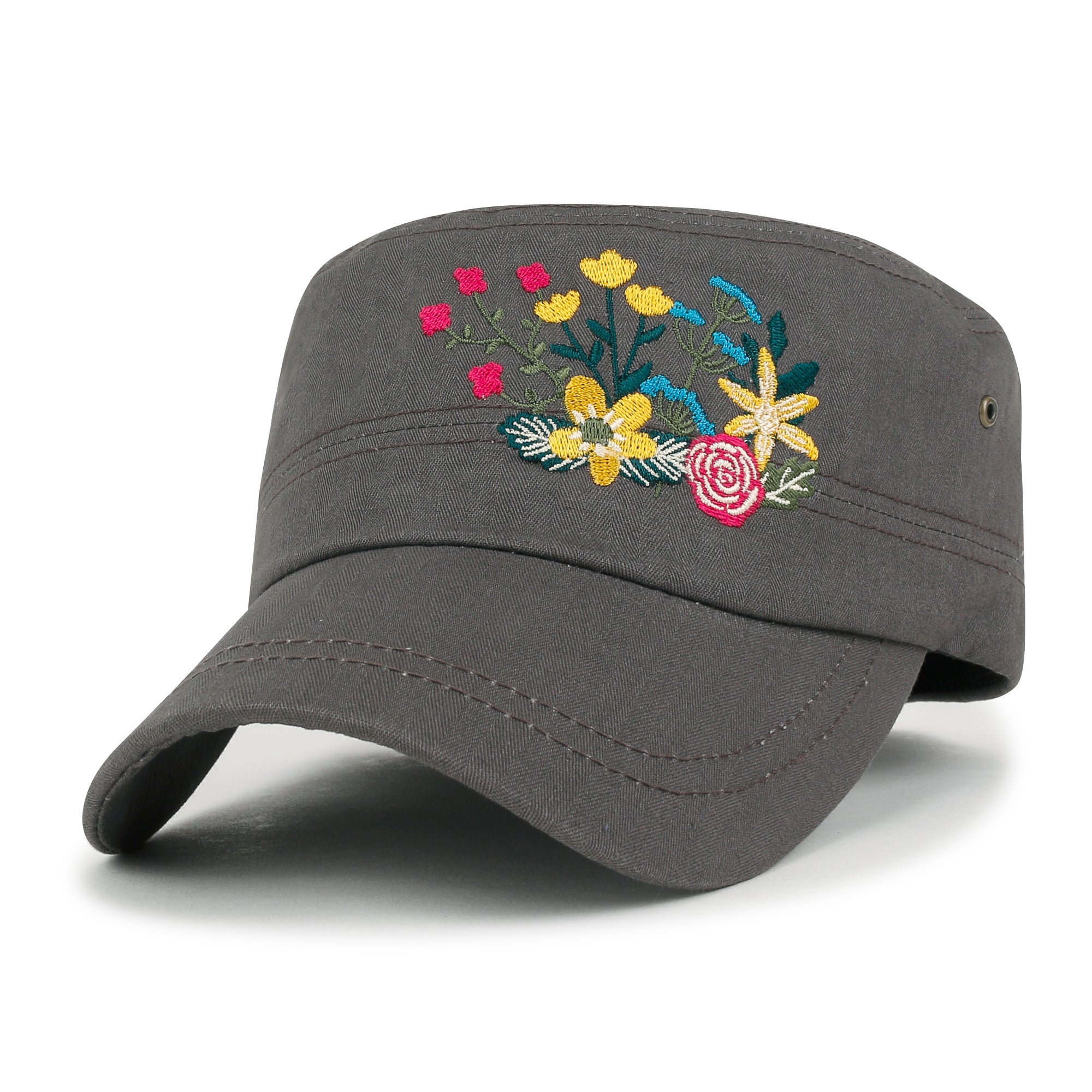Flower Embroidery Cotton Military Army Hat Women Casual Cadet Cap