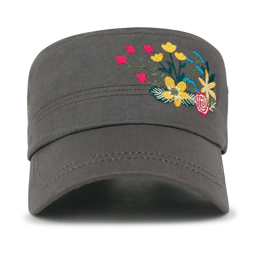Flower Embroidery Cotton Military Army Hat Women Casual Cadet Cap