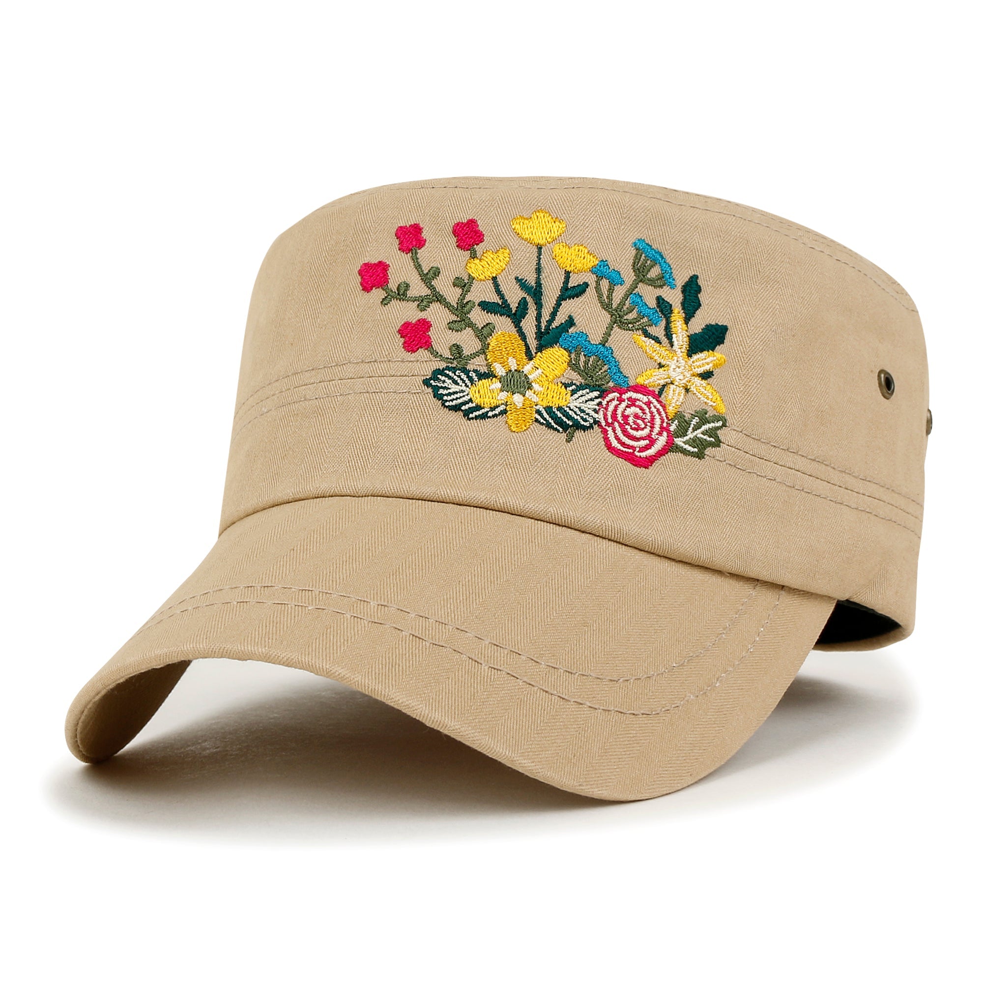 Flower Embroidery Cotton Military Army Hat Women Casual Cadet Cap