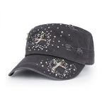 Vintage Distressed Cotton Army Hat Heart Ribbon Rhinestone Cadet Cap