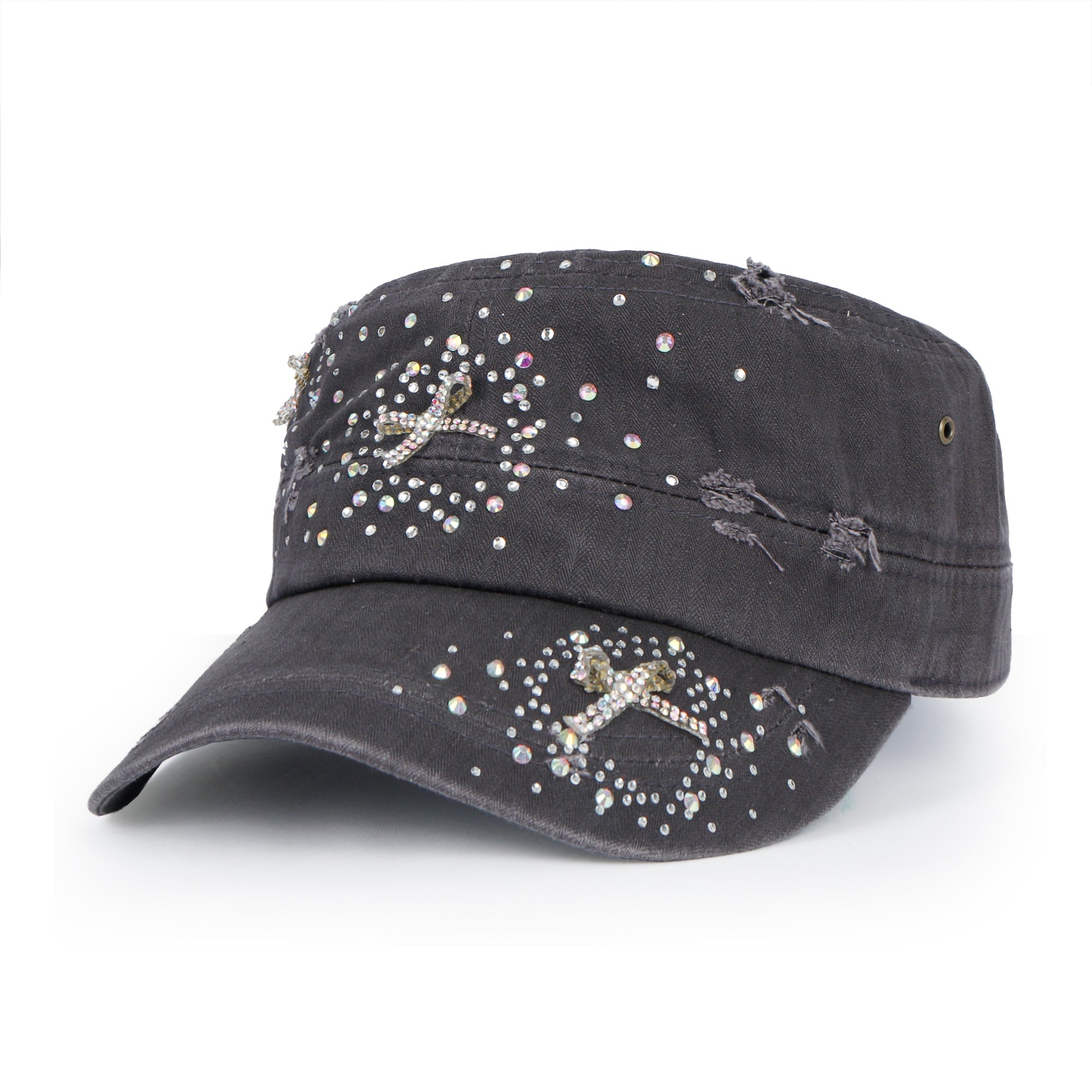 Vintage Distressed Cotton Army Hat Heart Ribbon Rhinestone Cadet Cap