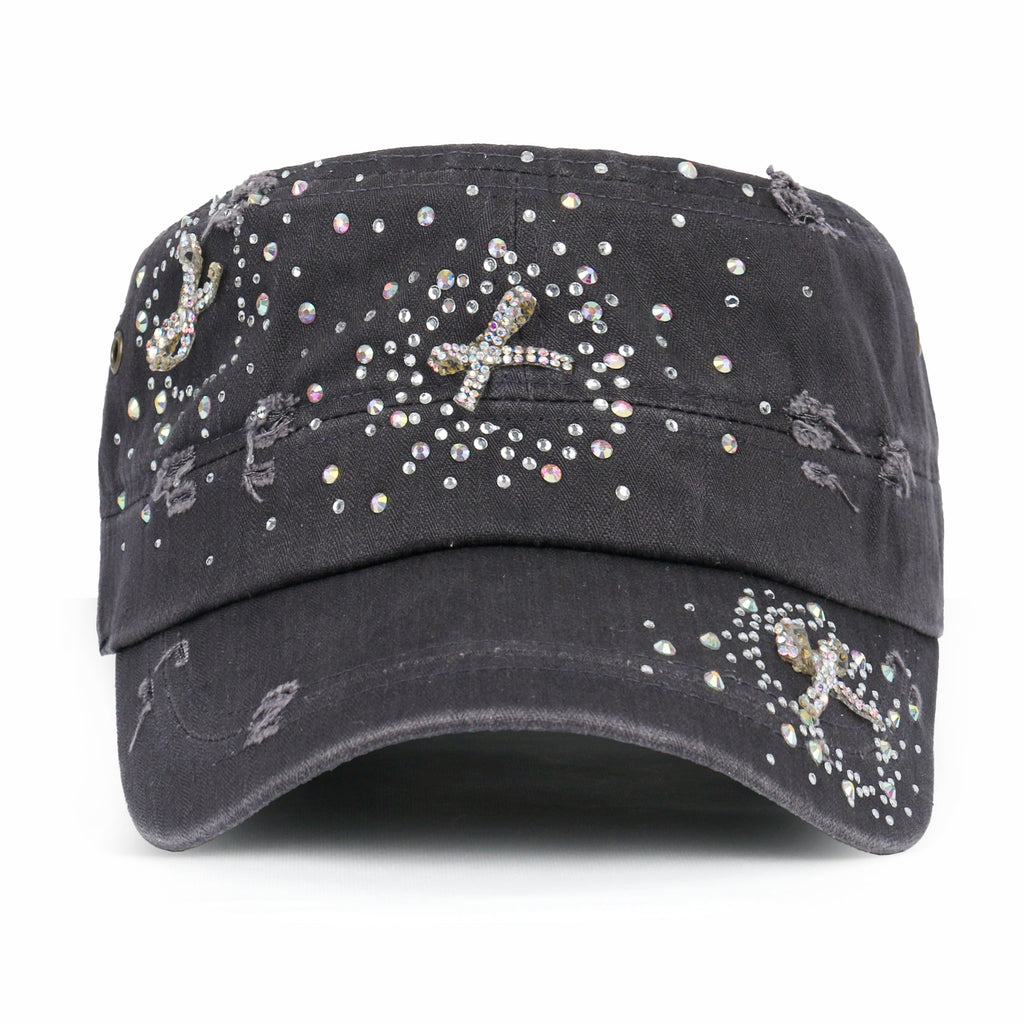 Vintage Distressed Cotton Army Hat Heart Ribbon Rhinestone Cadet Cap