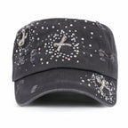 Vintage Distressed Cotton Army Hat Heart Ribbon Rhinestone Cadet Cap