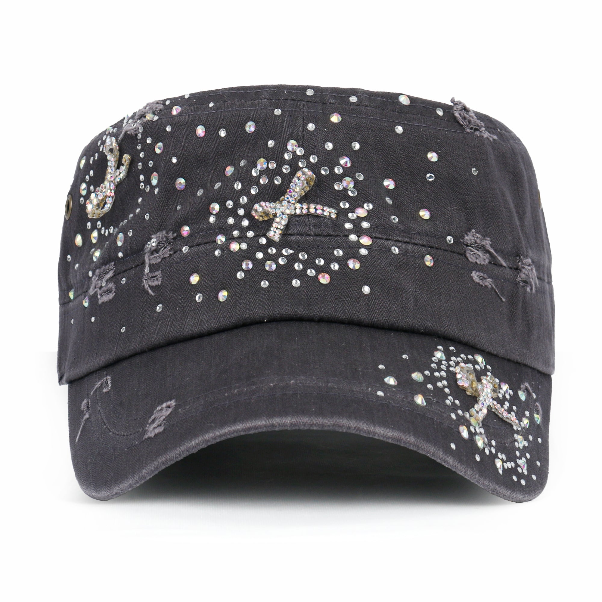 Vintage Distressed Cotton Army Hat Heart Ribbon Rhinestone Cadet Cap