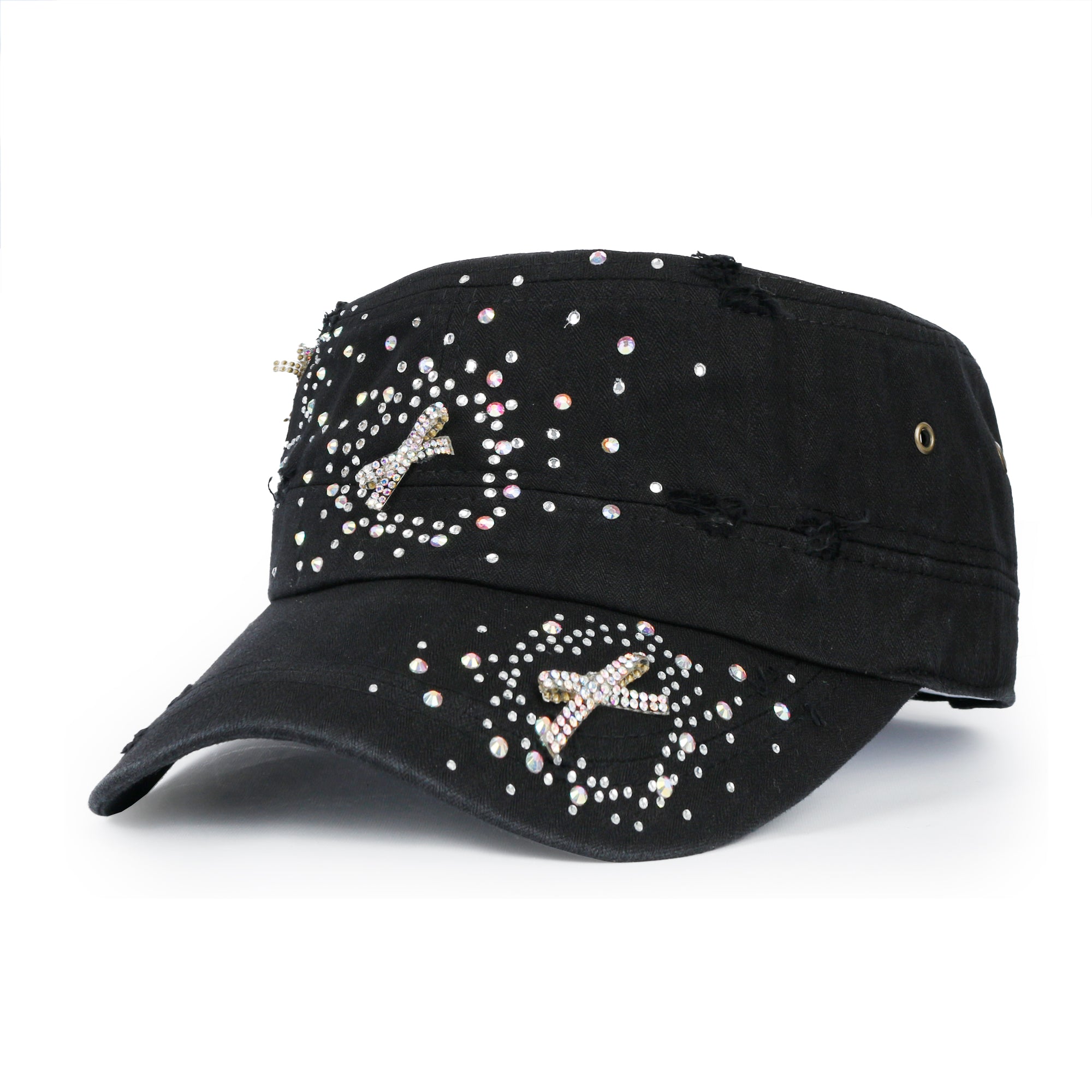 Vintage Distressed Cotton Army Hat Heart Ribbon Rhinestone Cadet Cap
