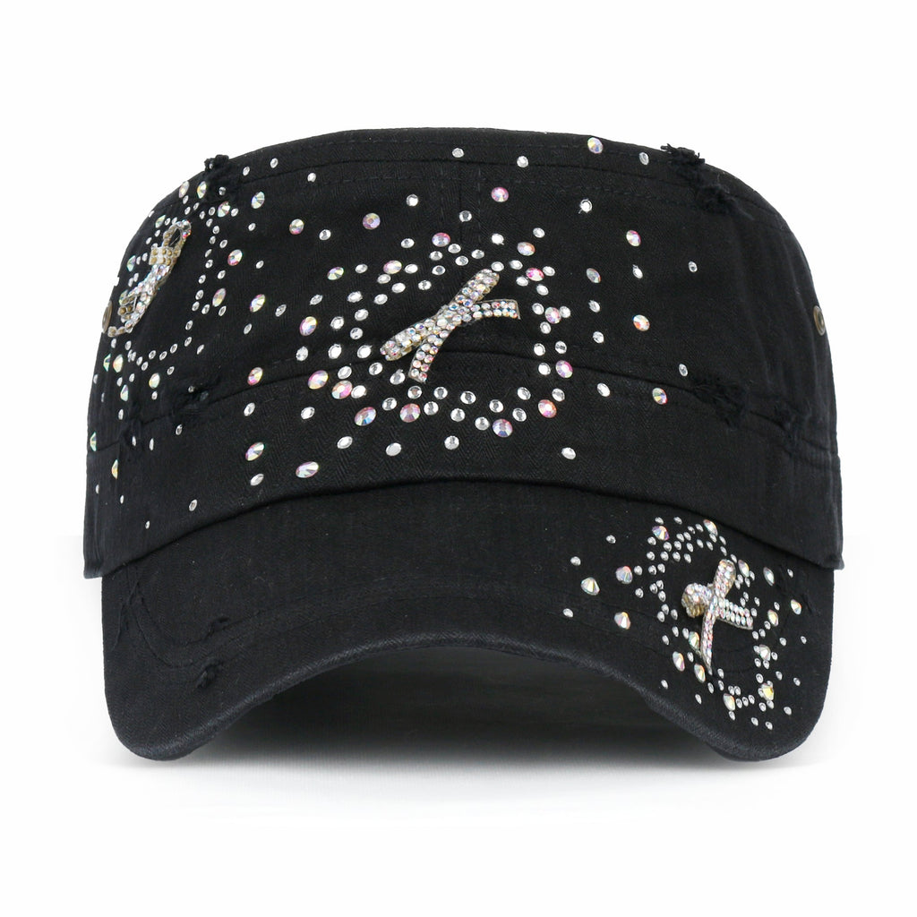 Vintage Distressed Cotton Army Hat Heart Ribbon Rhinestone Cadet Cap