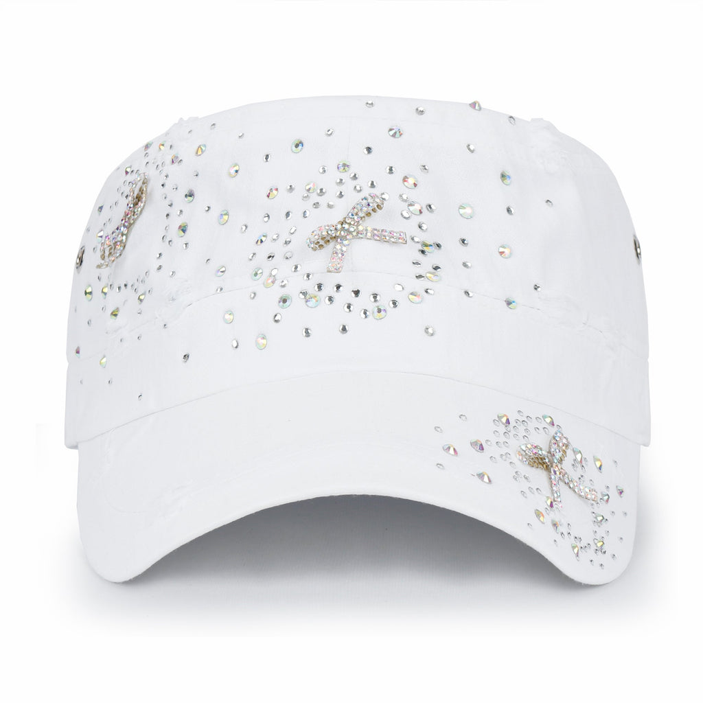 Vintage Distressed Cotton Army Hat Heart Ribbon Rhinestone Cadet Cap