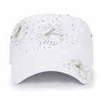 Vintage Distressed Cotton Army Hat Heart Ribbon Rhinestone Cadet Cap
