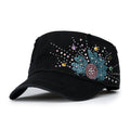 Vintage Distressed Cotton Army Hat Sunflower Rhinestone Cadet Cap