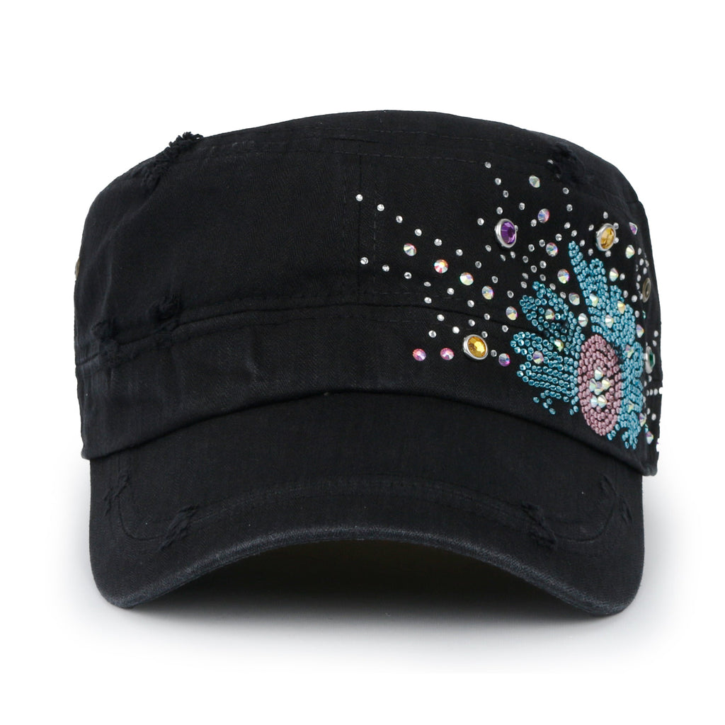 Vintage Distressed Cotton Army Hat Sunflower Rhinestone Cadet Cap