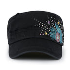 Vintage Distressed Cotton Army Hat Sunflower Rhinestone Cadet Cap