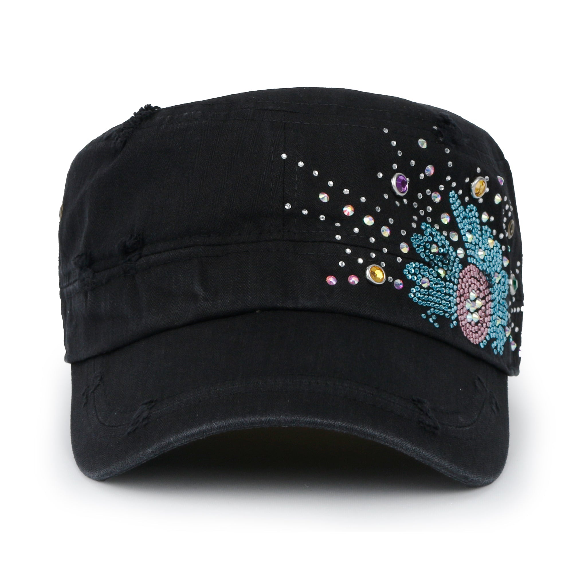 Vintage Distressed Cotton Army Hat Sunflower Rhinestone Cadet Cap