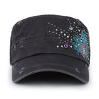 Vintage Distressed Cotton Army Hat Sunflower Rhinestone Cadet Cap