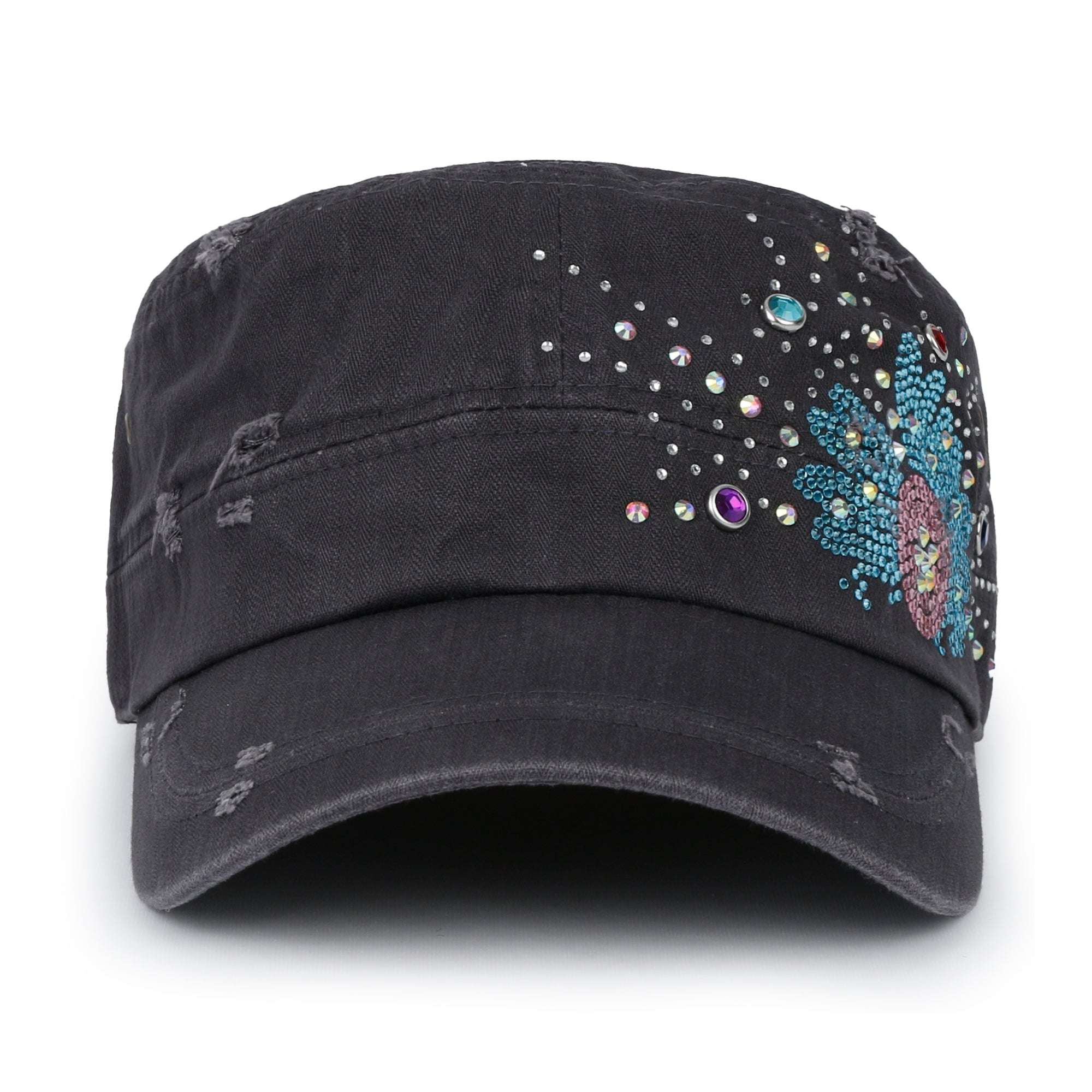 Vintage Distressed Cotton Army Hat Sunflower Rhinestone Cadet Cap