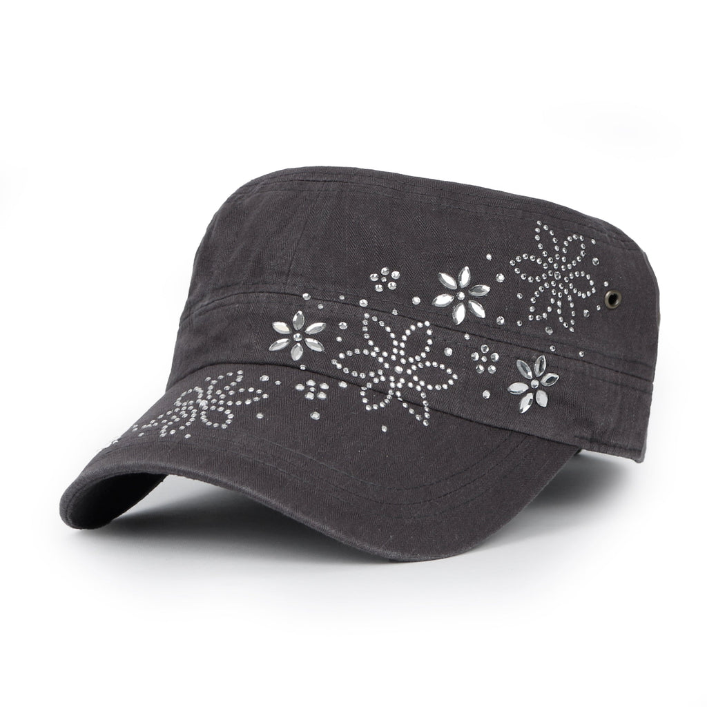 Crystal / Black Gemstone Flower Vintage Military Army Hat Cadet Cap
