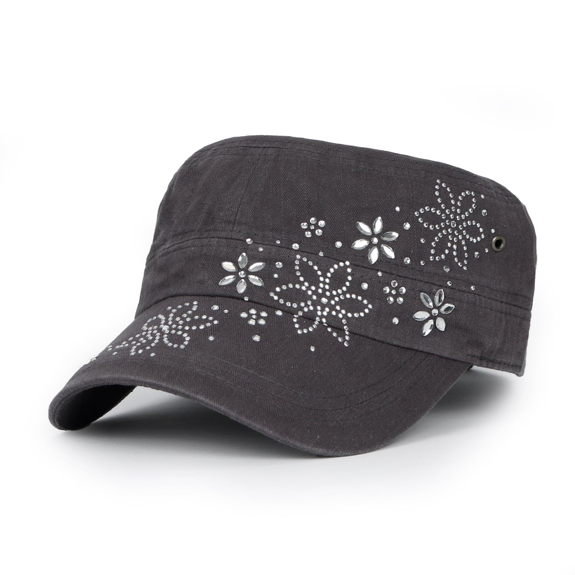 Crystal / Black Gemstone Flower Vintage Military Army Hat Cadet Cap