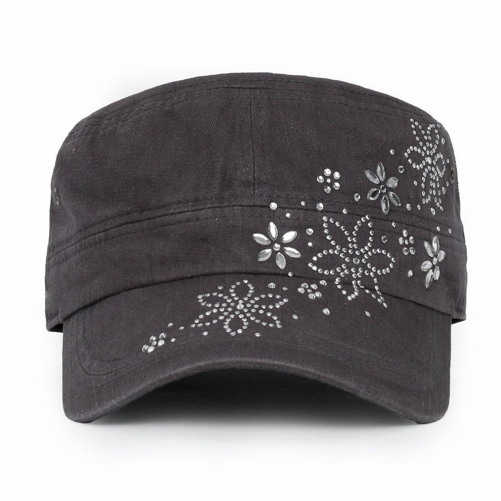 Crystal / Black Gemstone Flower Vintage Military Army Hat Cadet Cap