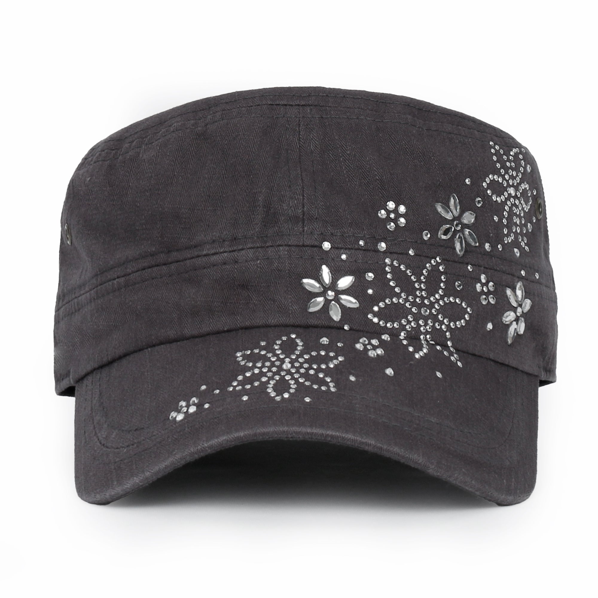 Crystal / Black Gemstone Flower Vintage Military Army Hat Cadet Cap