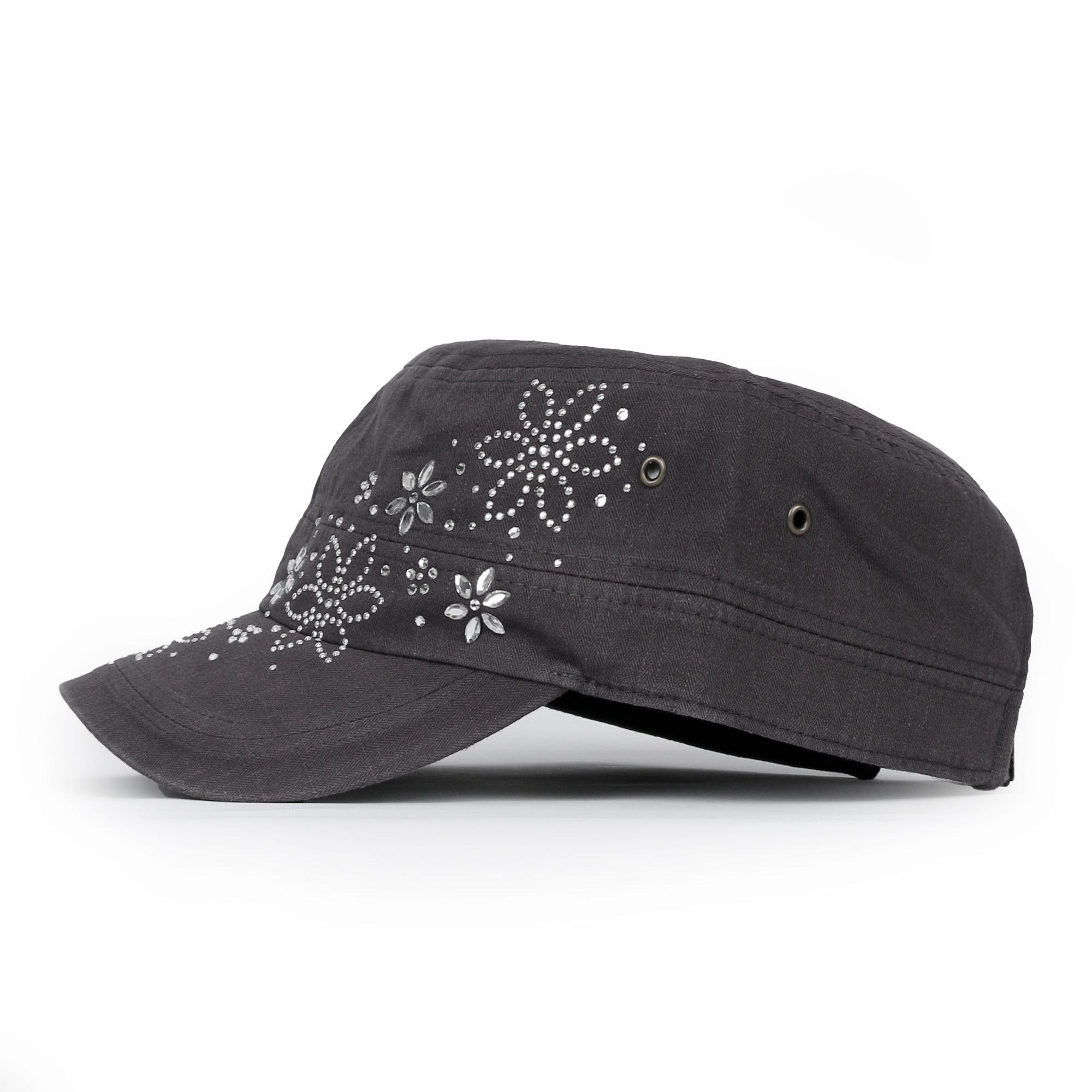Crystal / Black Gemstone Flower Vintage Military Army Hat Cadet Cap