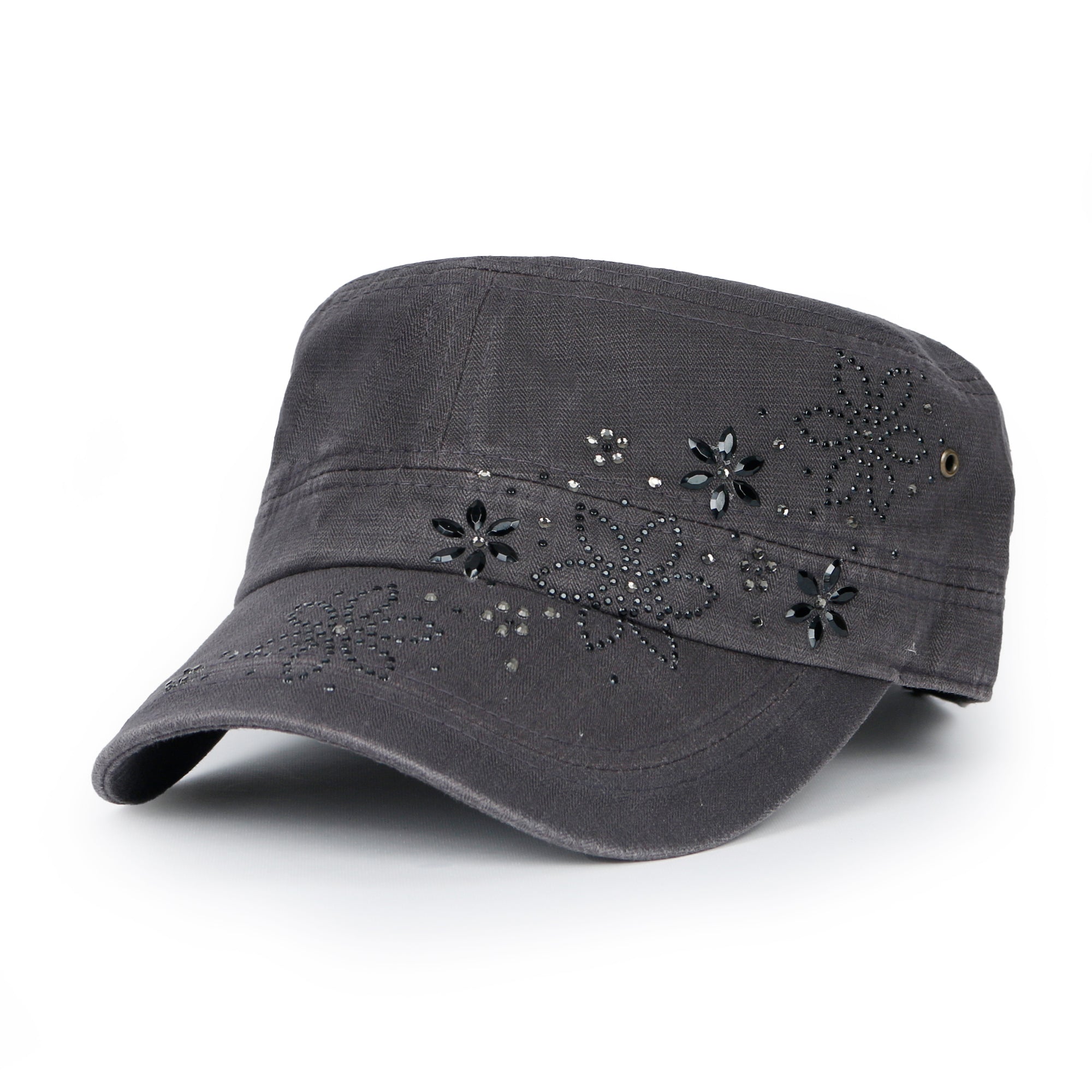 Crystal / Black Gemstone Flower Vintage Military Army Hat Cadet Cap