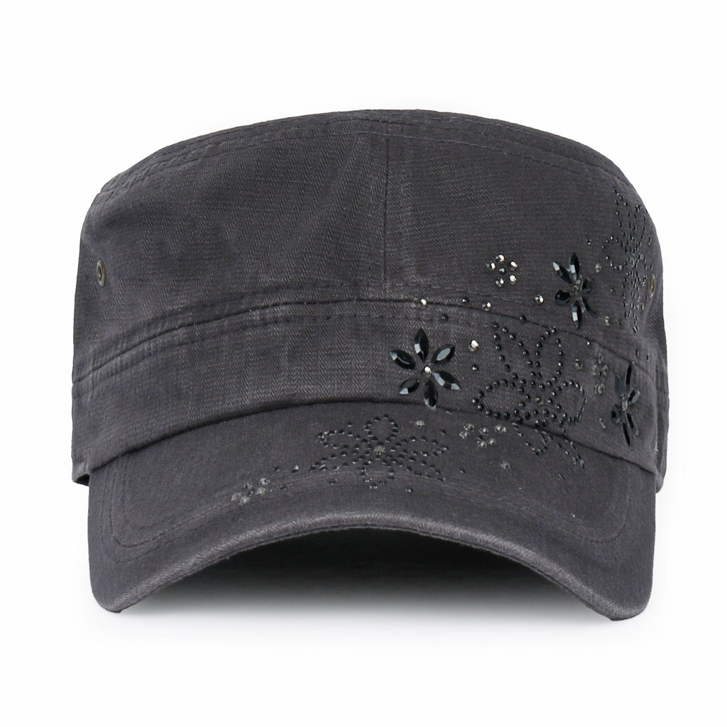 Crystal / Black Gemstone Flower Vintage Military Army Hat Cadet Cap