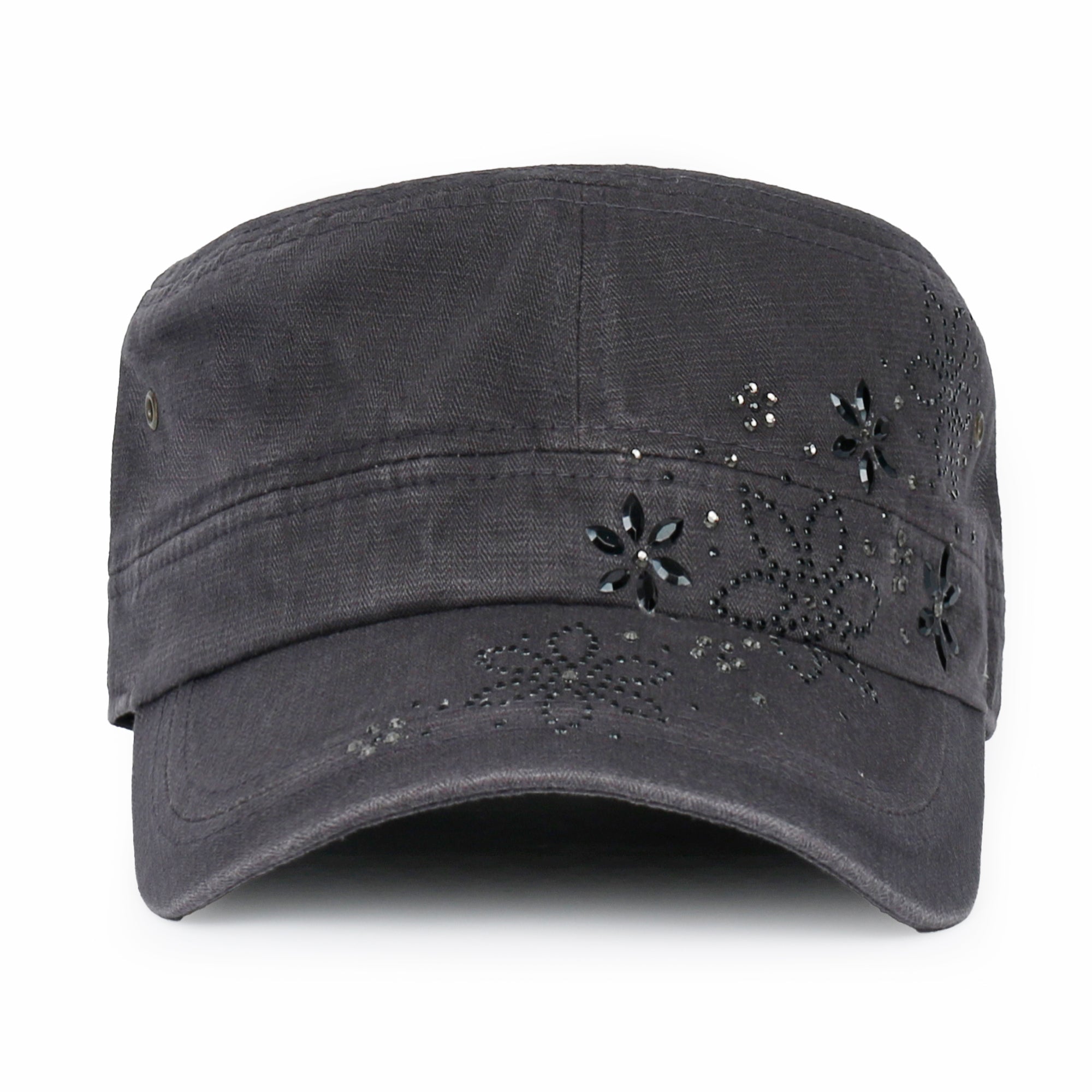 Crystal / Black Gemstone Flower Vintage Military Army Hat Cadet Cap