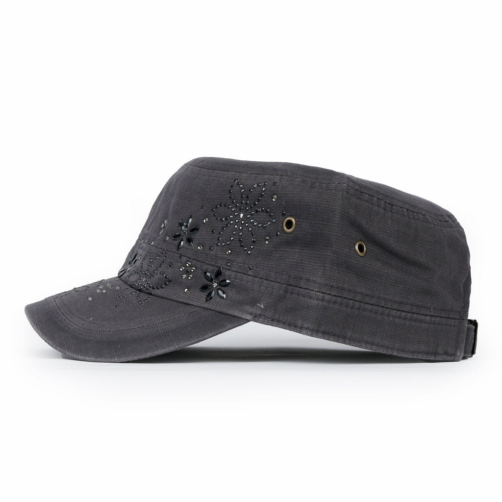 Crystal / Black Gemstone Flower Vintage Military Army Hat Cadet Cap