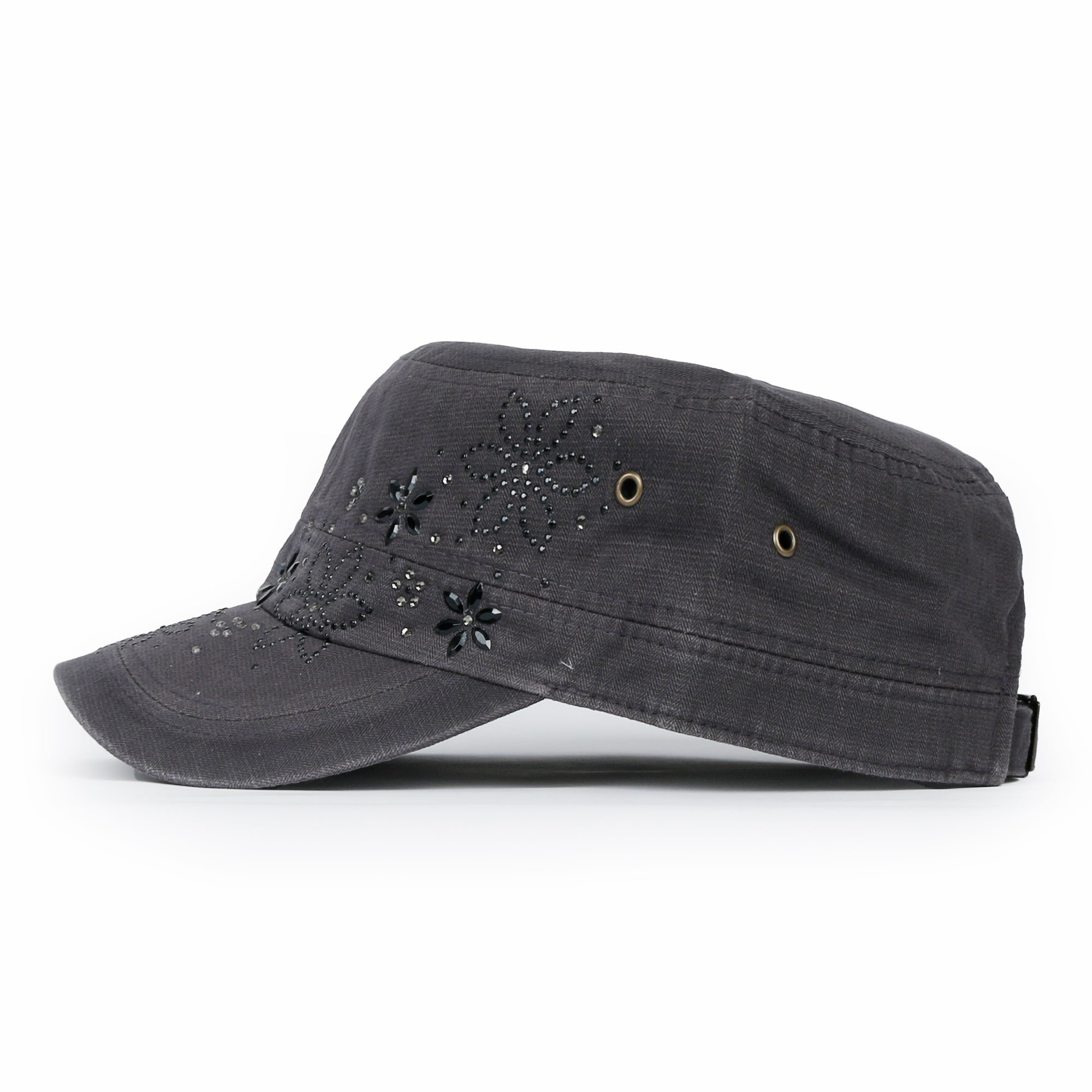 Crystal / Black Gemstone Flower Vintage Military Army Hat Cadet Cap