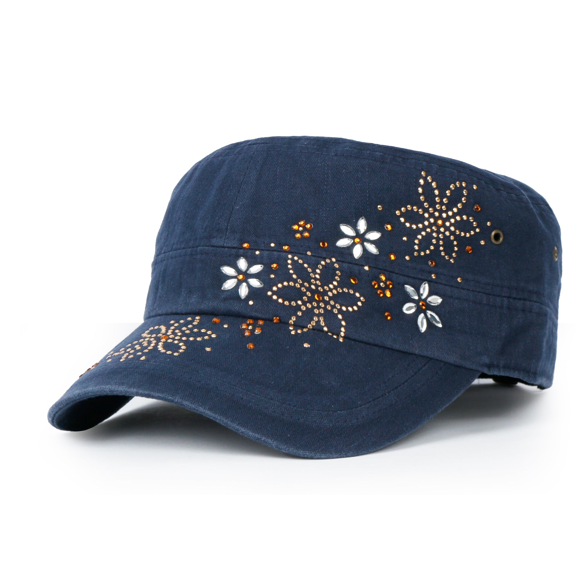 Crystal / Black Gemstone Flower Vintage Military Army Hat Cadet Cap