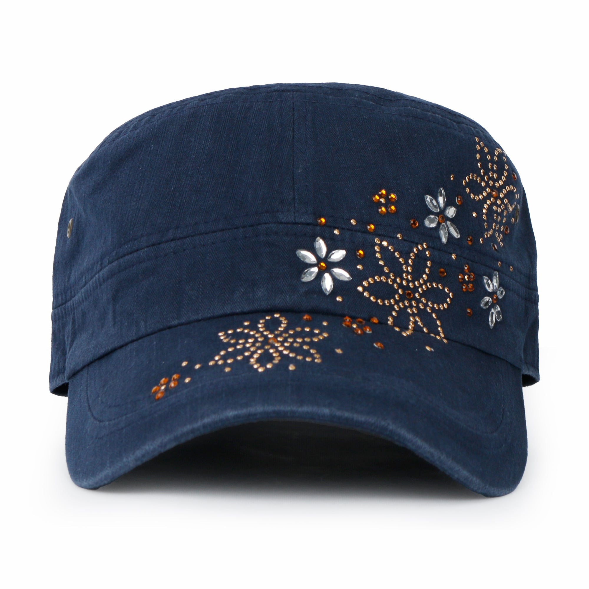 Crystal / Black Gemstone Flower Vintage Military Army Hat Cadet Cap