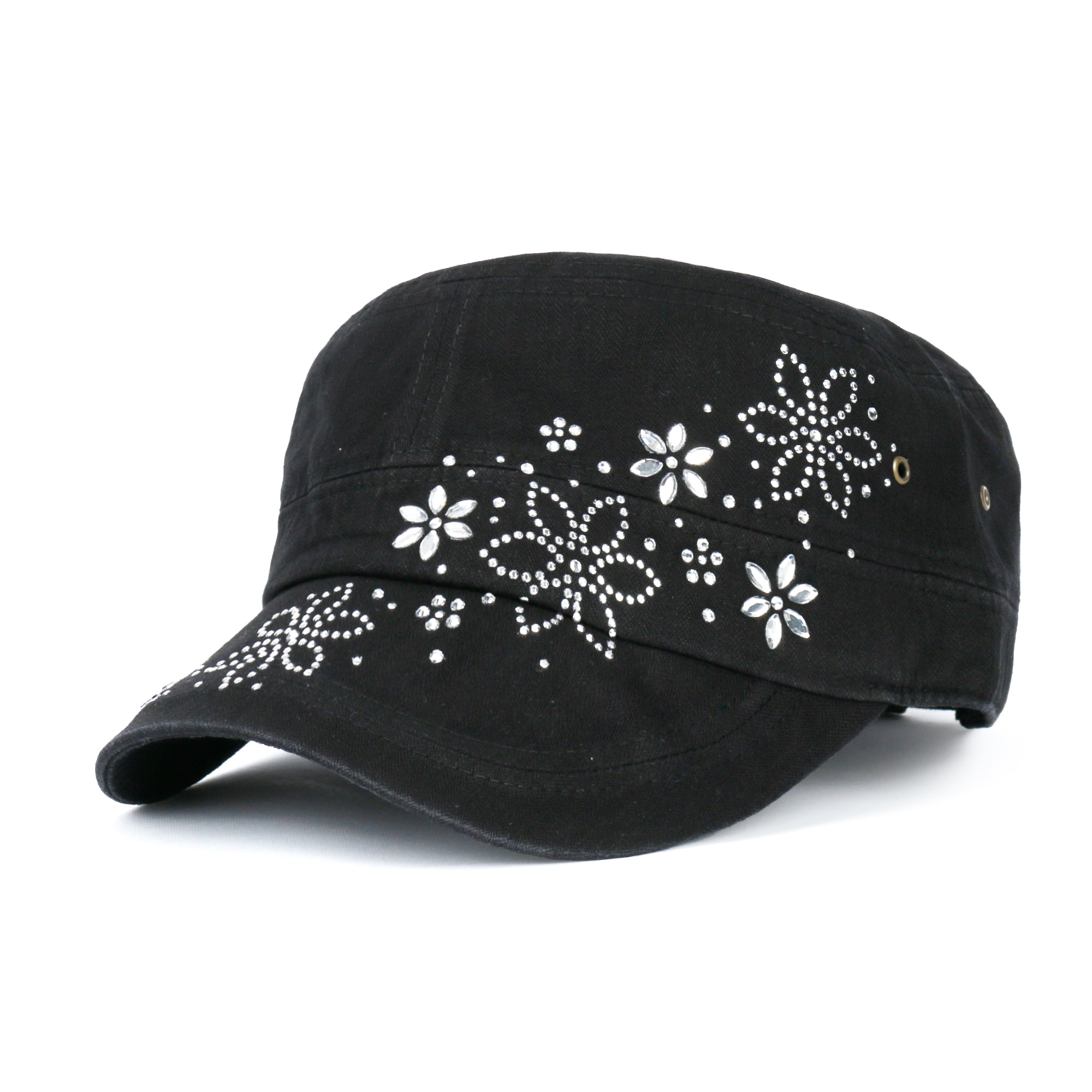 Crystal / Black Gemstone Flower Vintage Military Army Hat Cadet Cap