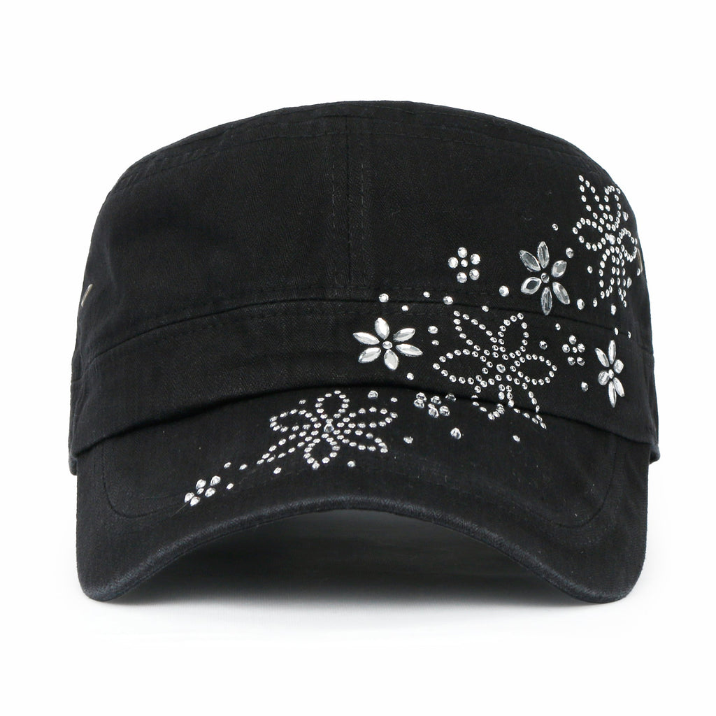 Crystal / Black Gemstone Flower Vintage Military Army Hat Cadet Cap