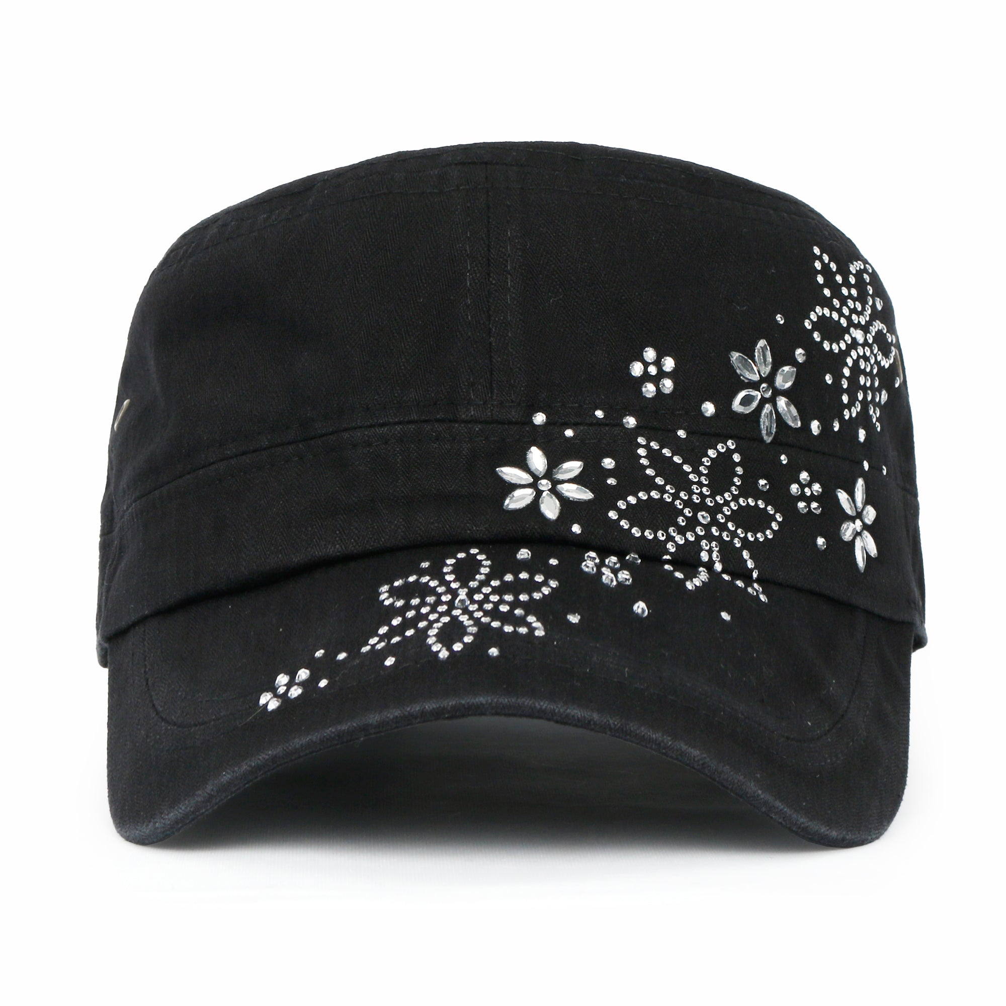 Crystal / Black Gemstone Flower Vintage Military Army Hat Cadet Cap