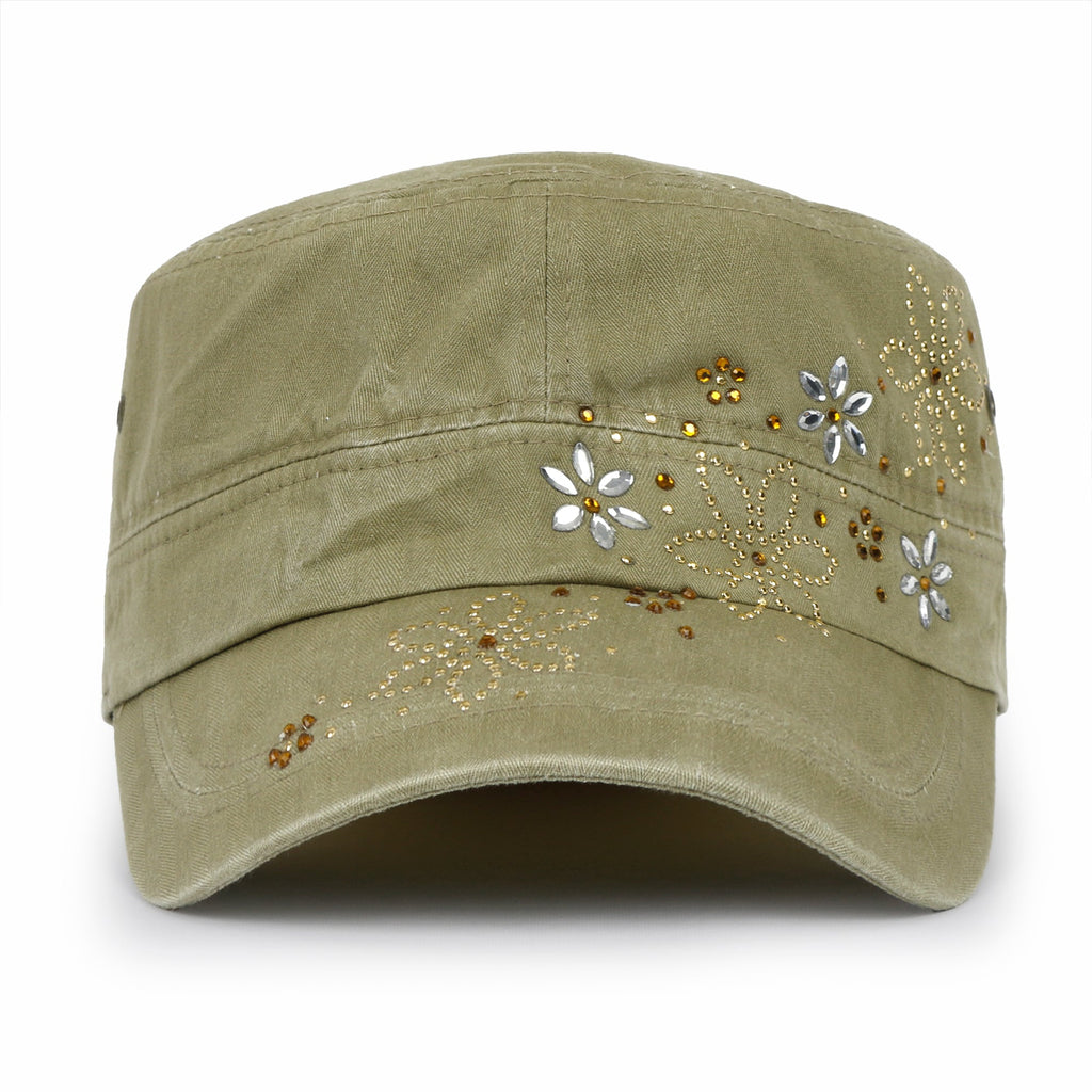 Crystal / Black Gemstone Flower Vintage Military Army Hat Cadet Cap