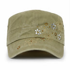 Crystal / Black Gemstone Flower Vintage Military Army Hat Cadet Cap