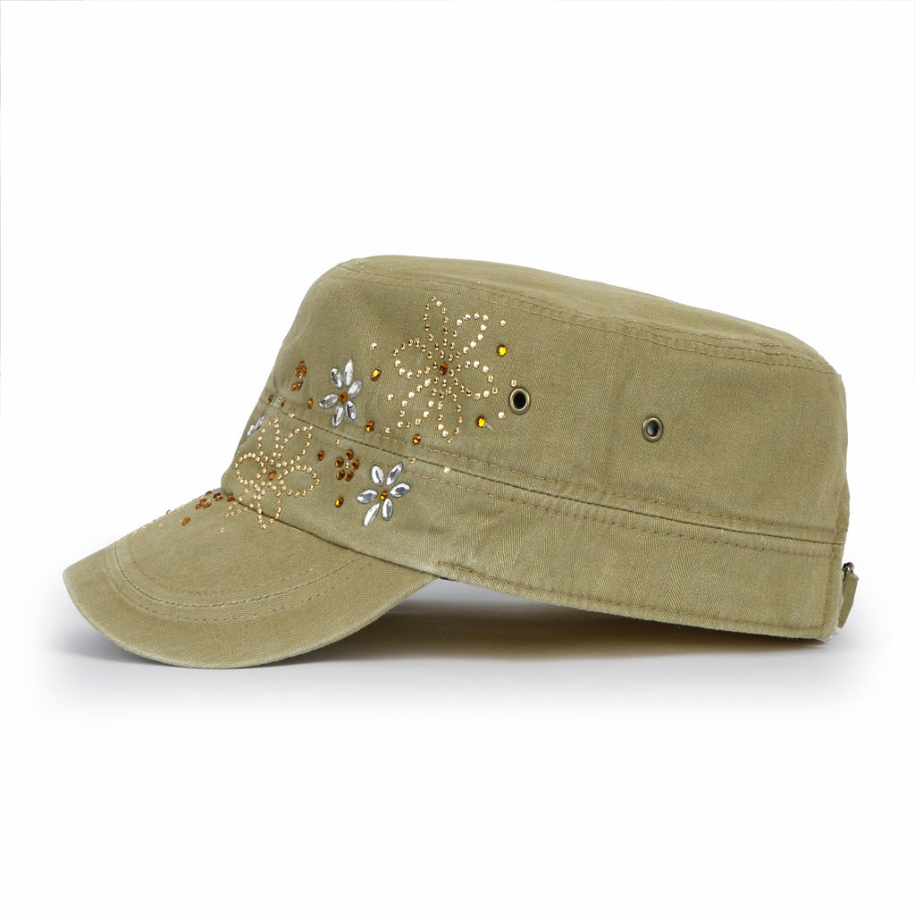 Crystal / Black Gemstone Flower Vintage Military Army Hat Cadet Cap