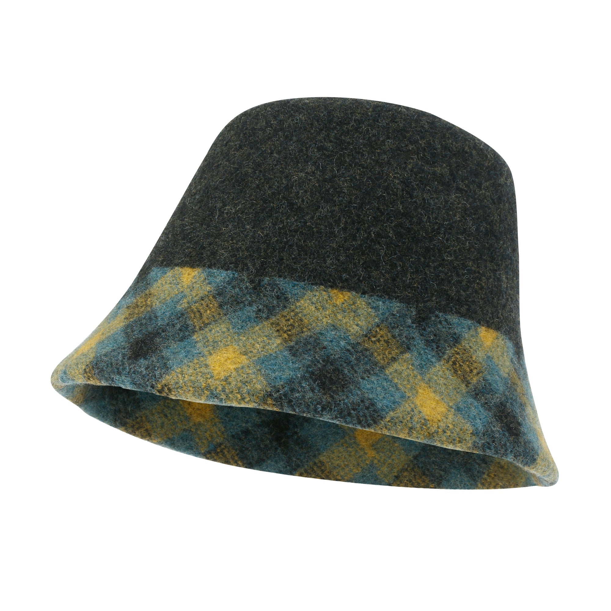 Plaid Pattern Brim Knitted Wool Fedora Colorful Winter Bucket Hat