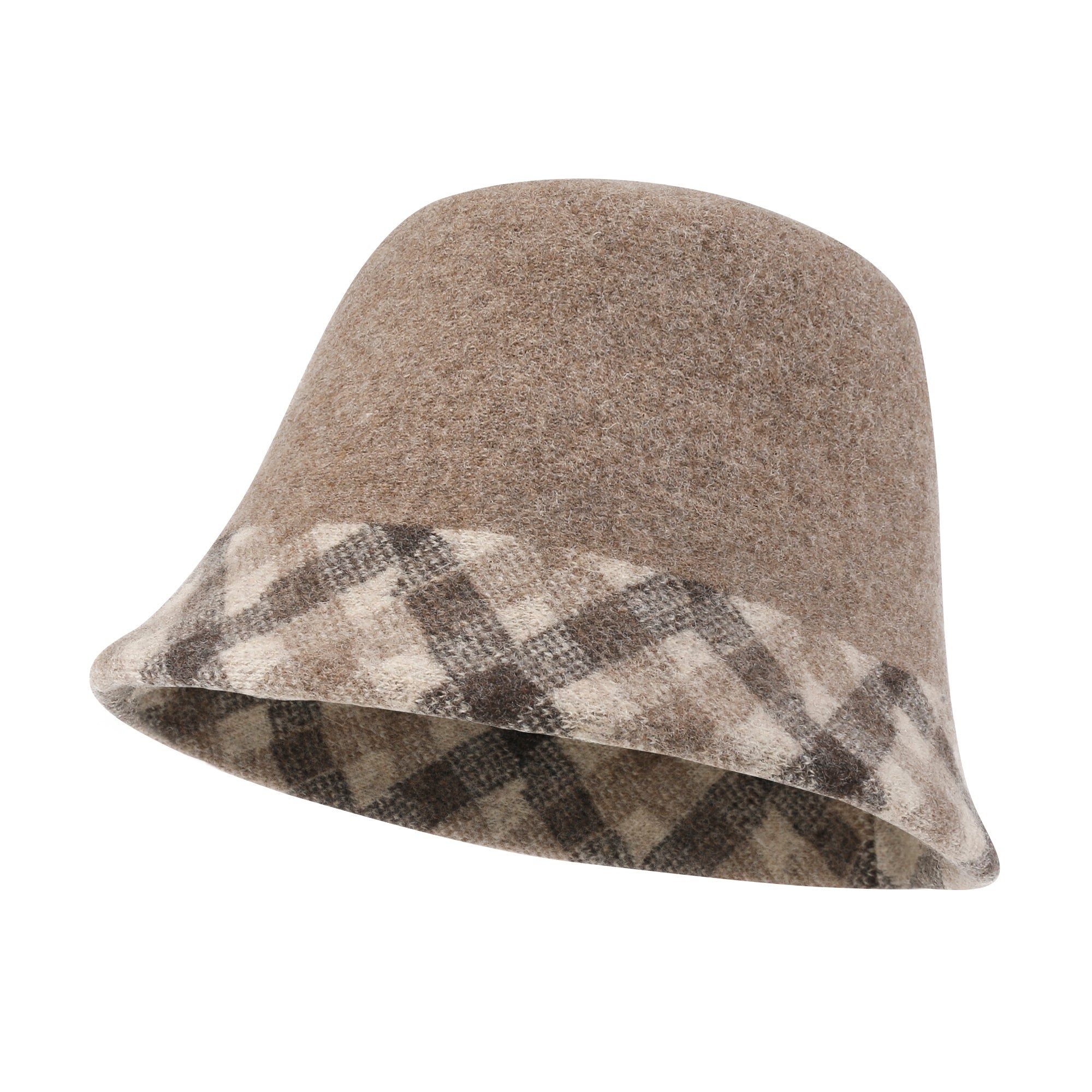 Plaid Pattern Brim Knitted Wool Fedora Colorful Winter Bucket Hat