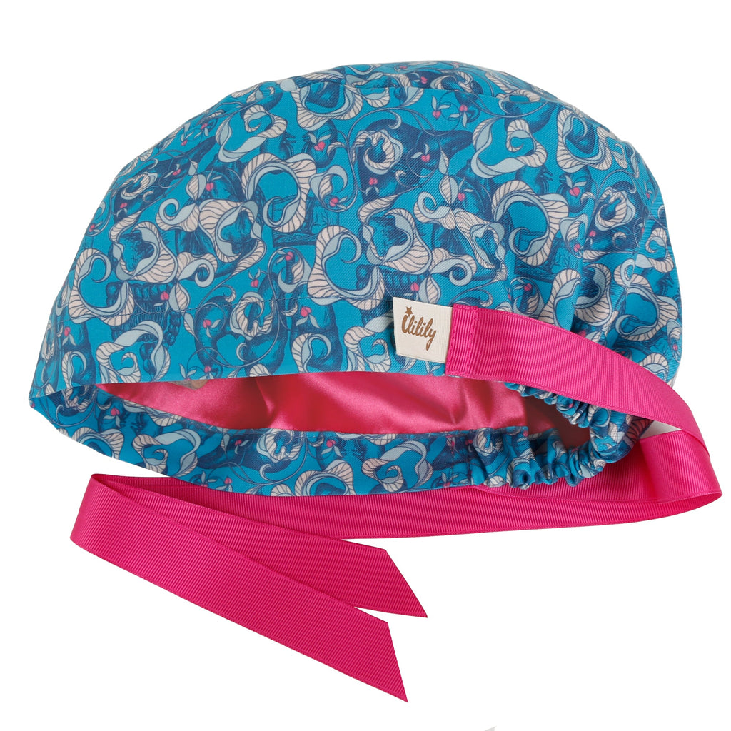 Satin Lined Cute Scrub Cap with Ponytail Ribbon